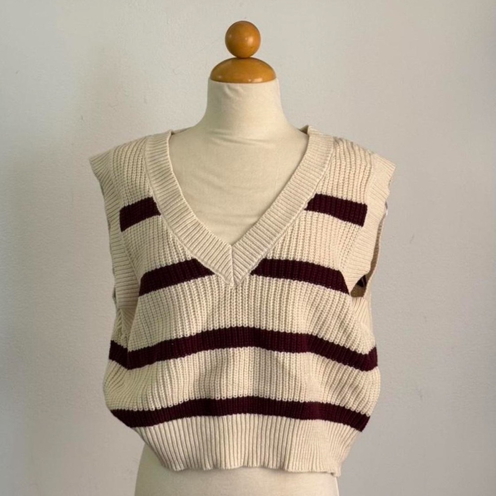 Sincerely Jules Cream and Burgundy Striped V-Neck Sweater Vest